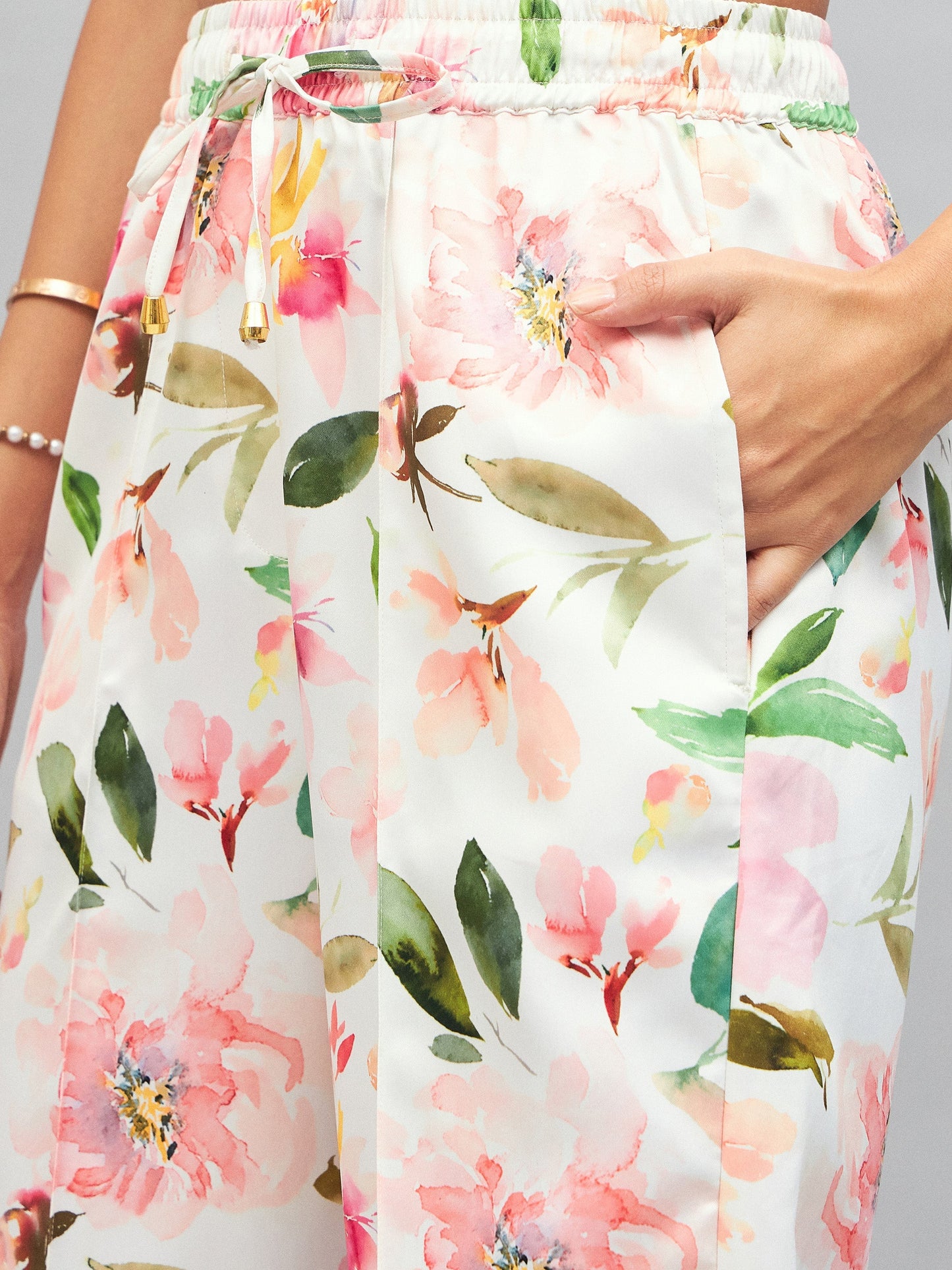 Women White Satin Floral Darted Pants