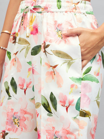 Women White Satin Floral Darted Pants