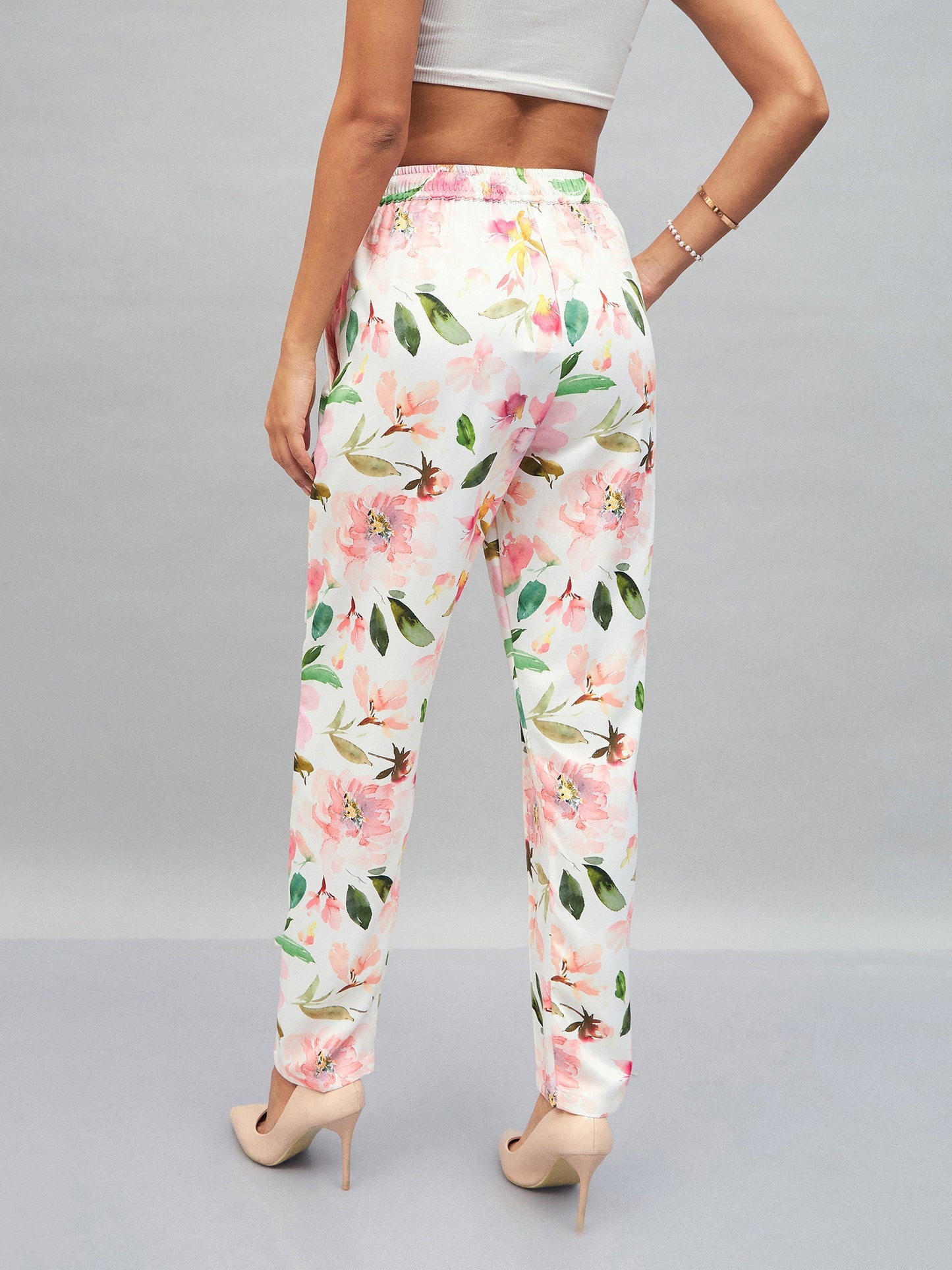 Women White Satin Floral Darted Pants