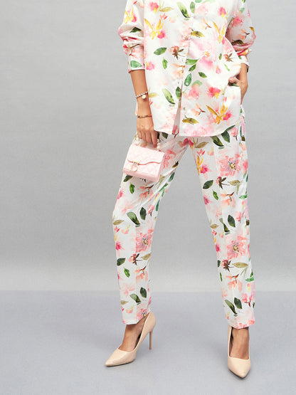 Women White Satin Floral Darted Pants