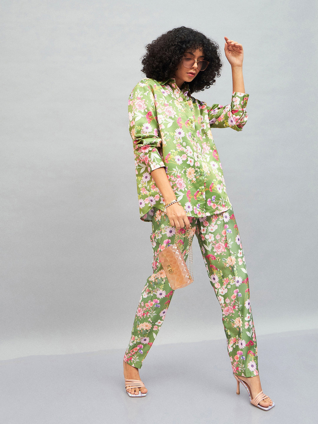 Women Olive Satin Floral Darted Pants