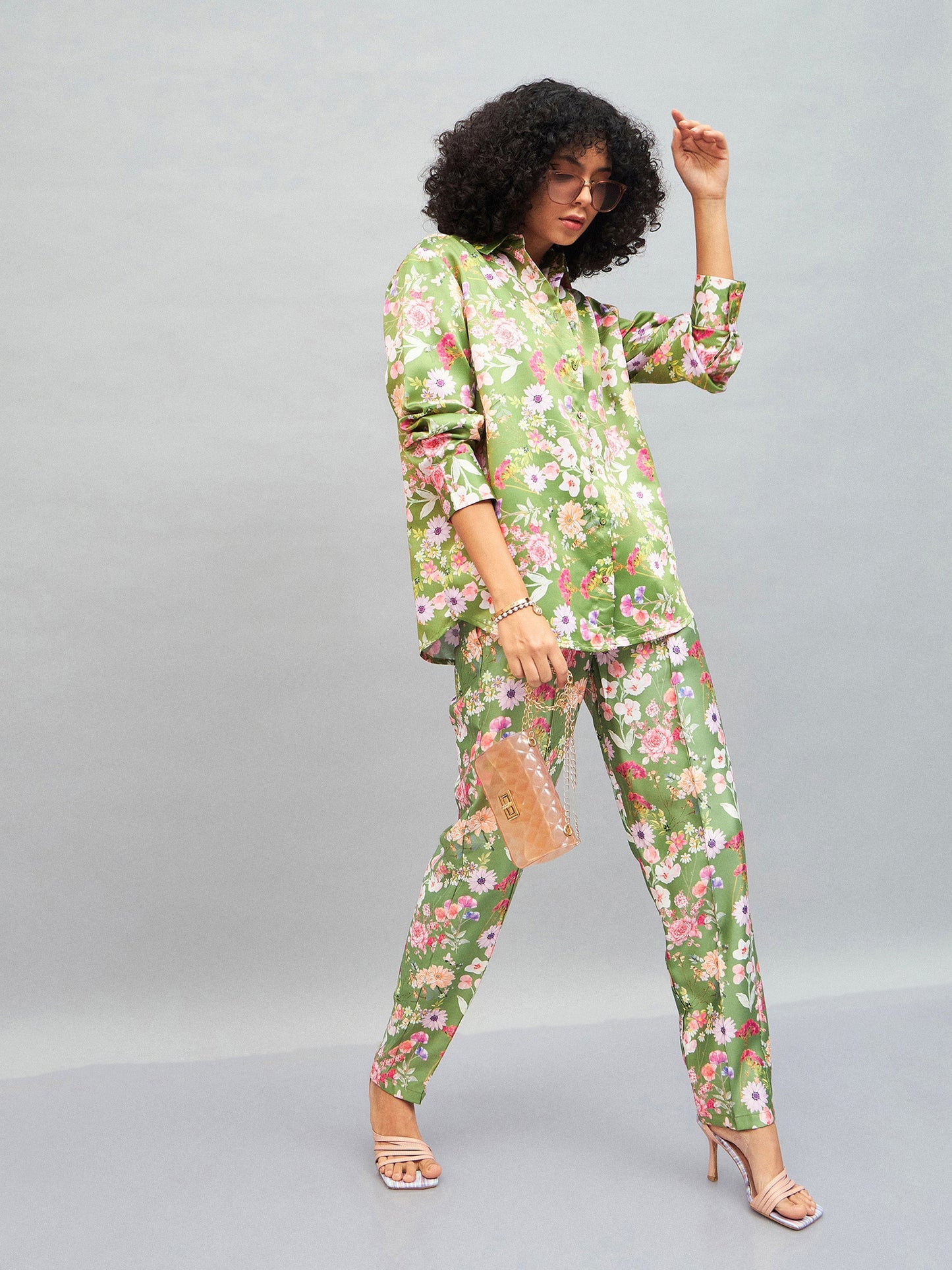 Women Olive Satin Floral Darted Pants