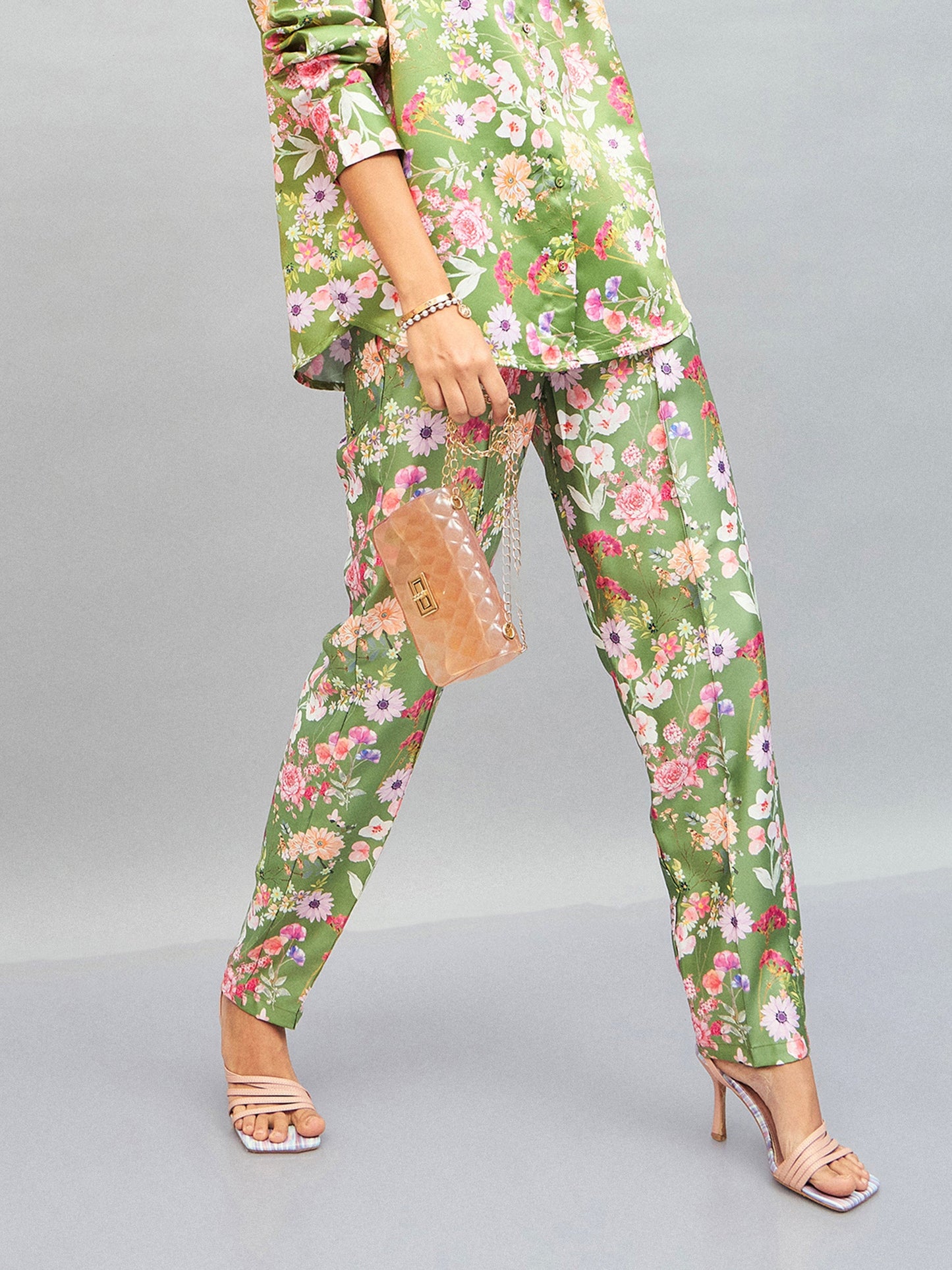 Women Olive Satin Floral Darted Pants