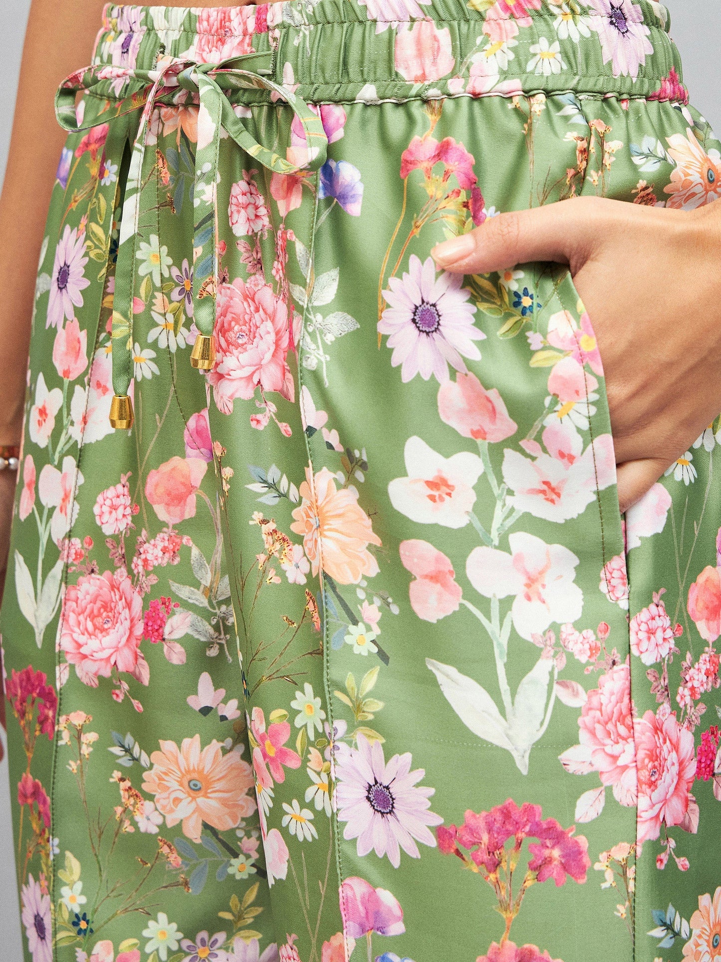 Women Olive Satin Floral Darted Pants