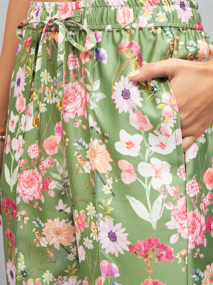 Women Olive Satin Floral Darted Pants