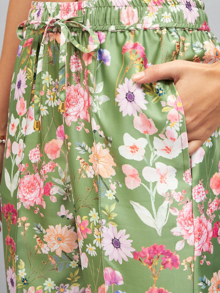 Women Olive Satin Floral Darted Pants
