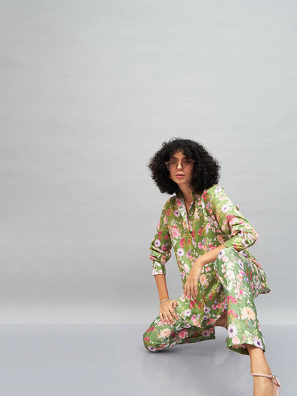 Women Olive Satin Floral Darted Pants