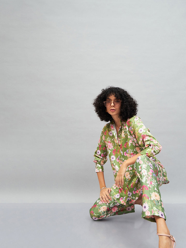 Women Olive Satin Floral Darted Pants