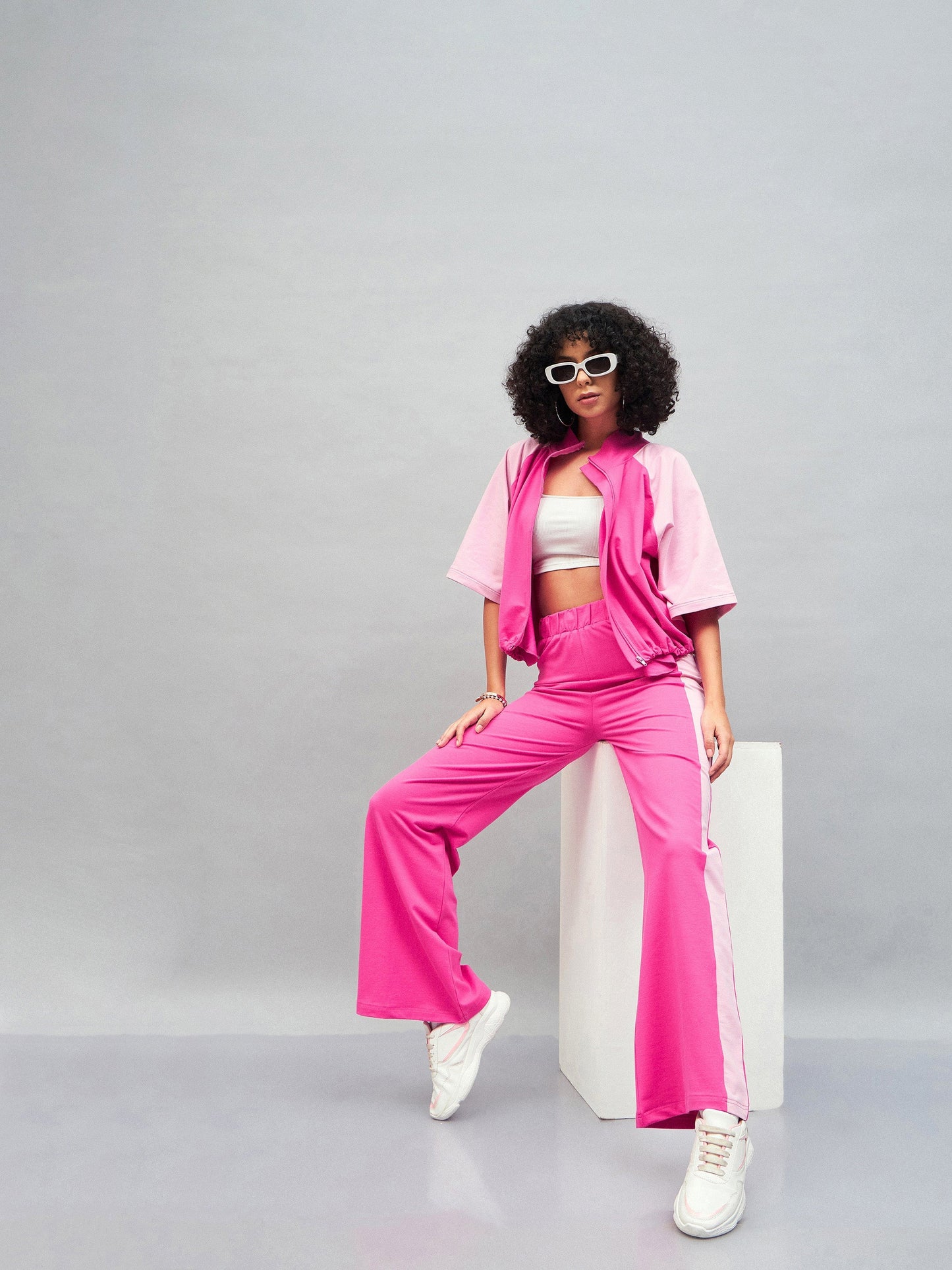 Pink Knitted Contrast Side Tape Track Pants