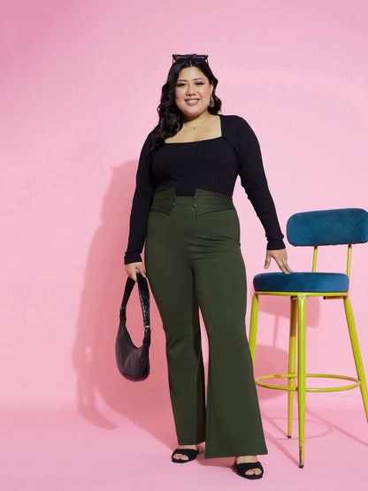 Olive Front Button Bell Bottom Trousers