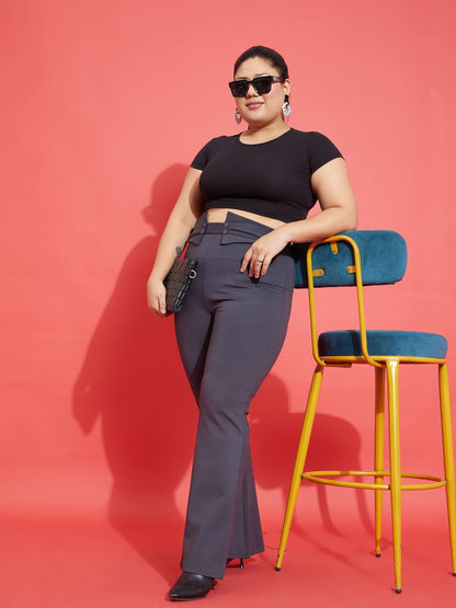 Grey Front Button Bell Bottom Trousers