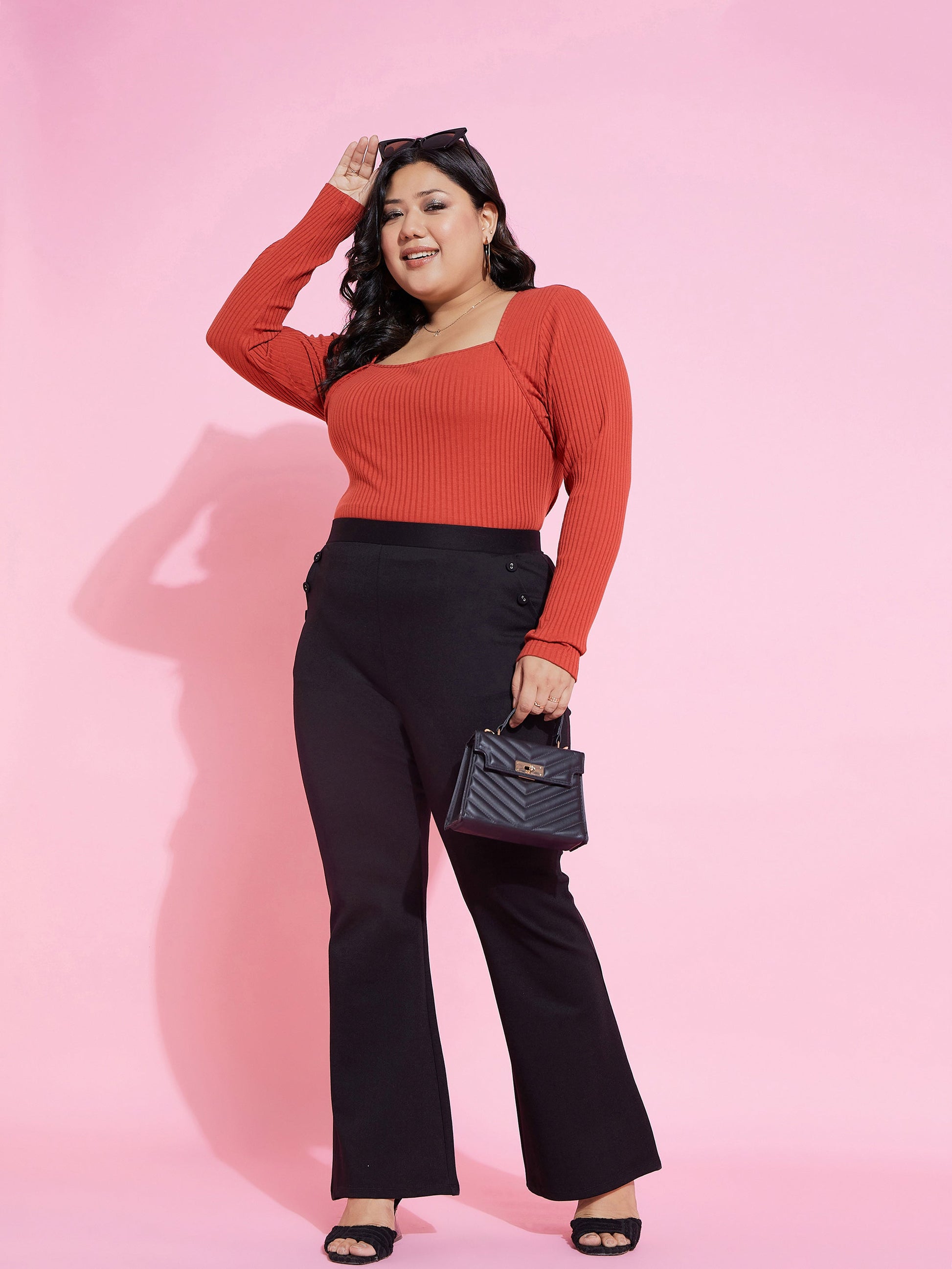 Black Pocket Button Bell Bottom Trousers-SASSAFRAS Curve