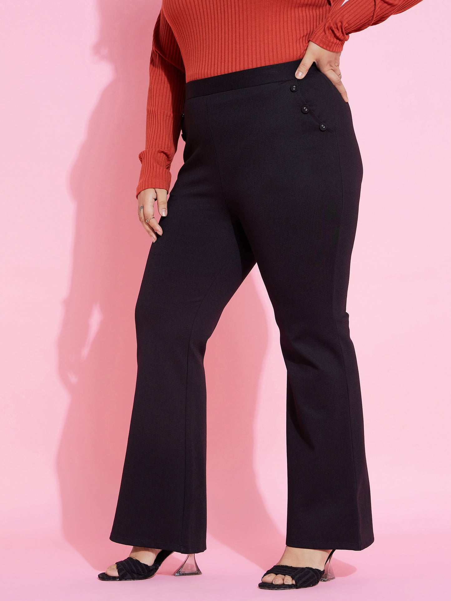 Black Pocket Button Bell Bottom Trousers-SASSAFRAS Curve