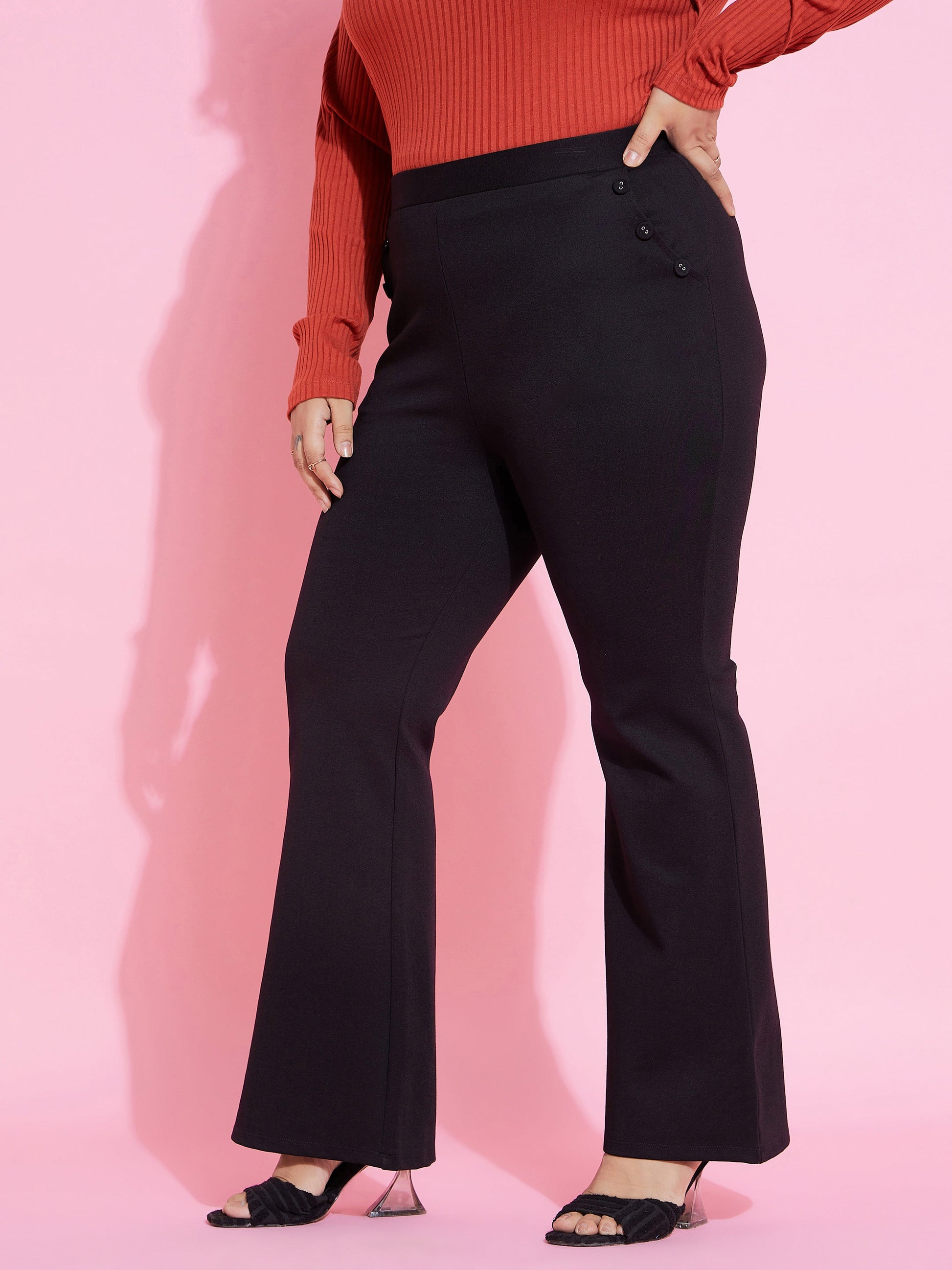 Black Pocket Button Bell Bottom Trousers-SASSAFRAS Curve