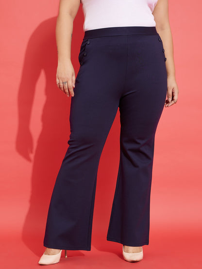 Navy Pocket Button Bell Bottom Trousers
