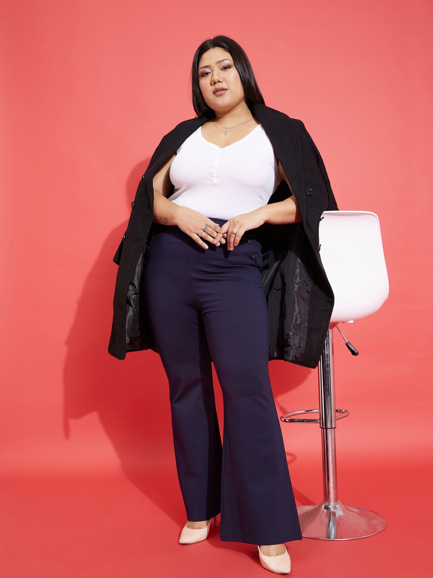 Navy Pocket Button Bell Bottom Trousers