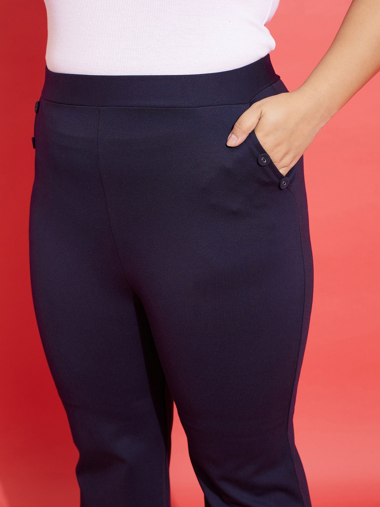 Navy Pocket Button Bell Bottom Trousers
