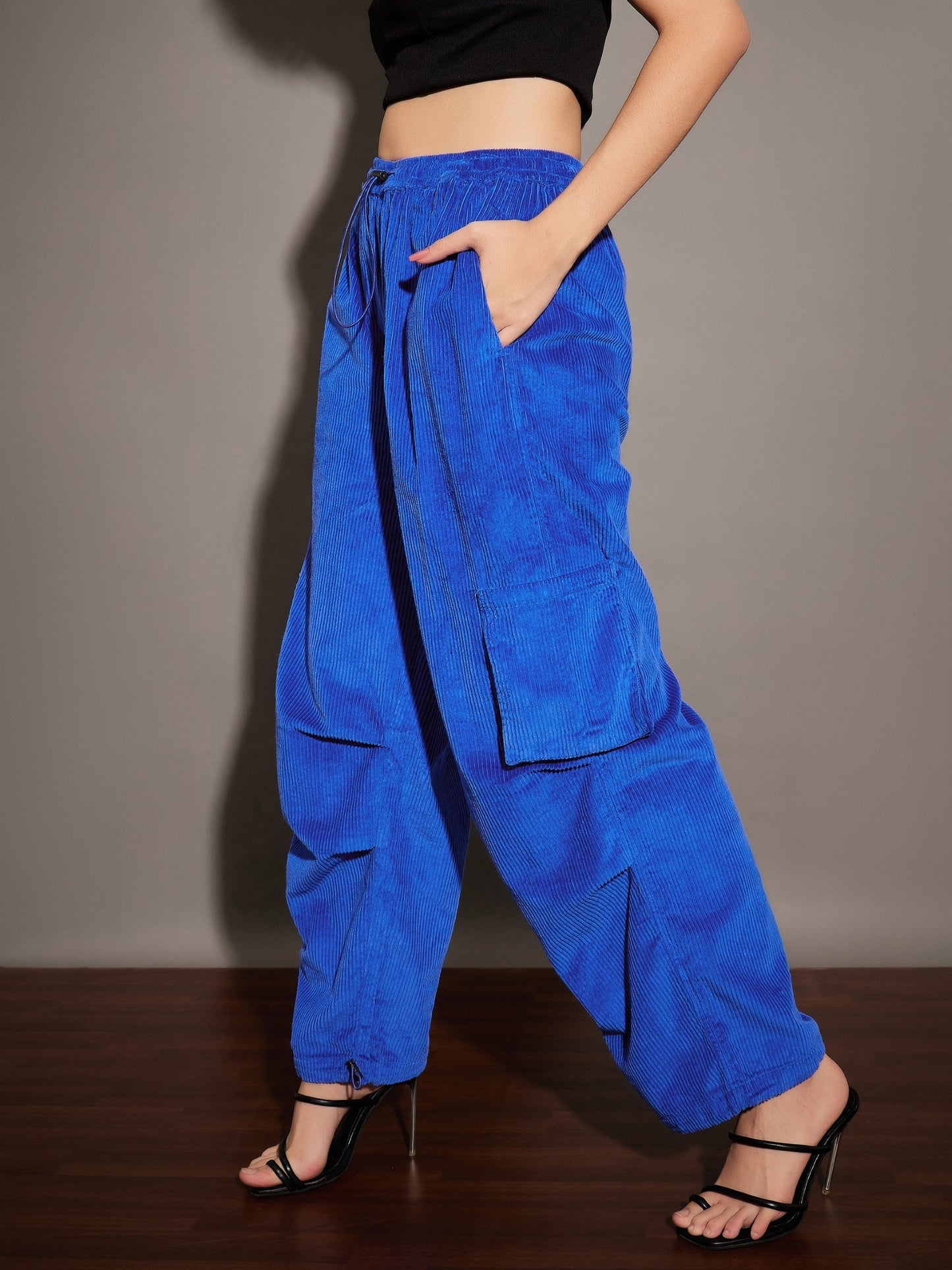 Women Royal Blue Pleated Knee Corduroy Cargo Pants