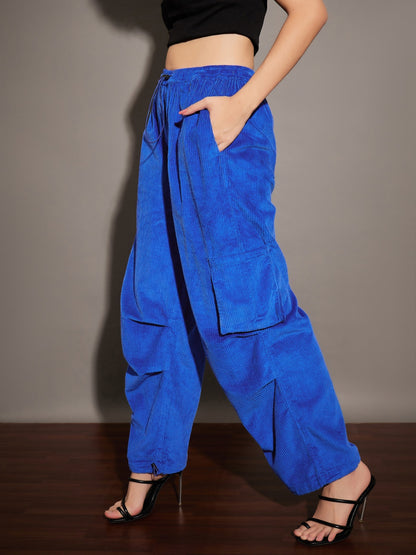 Women Royal Blue Pleated Knee Corduroy Cargo Pants