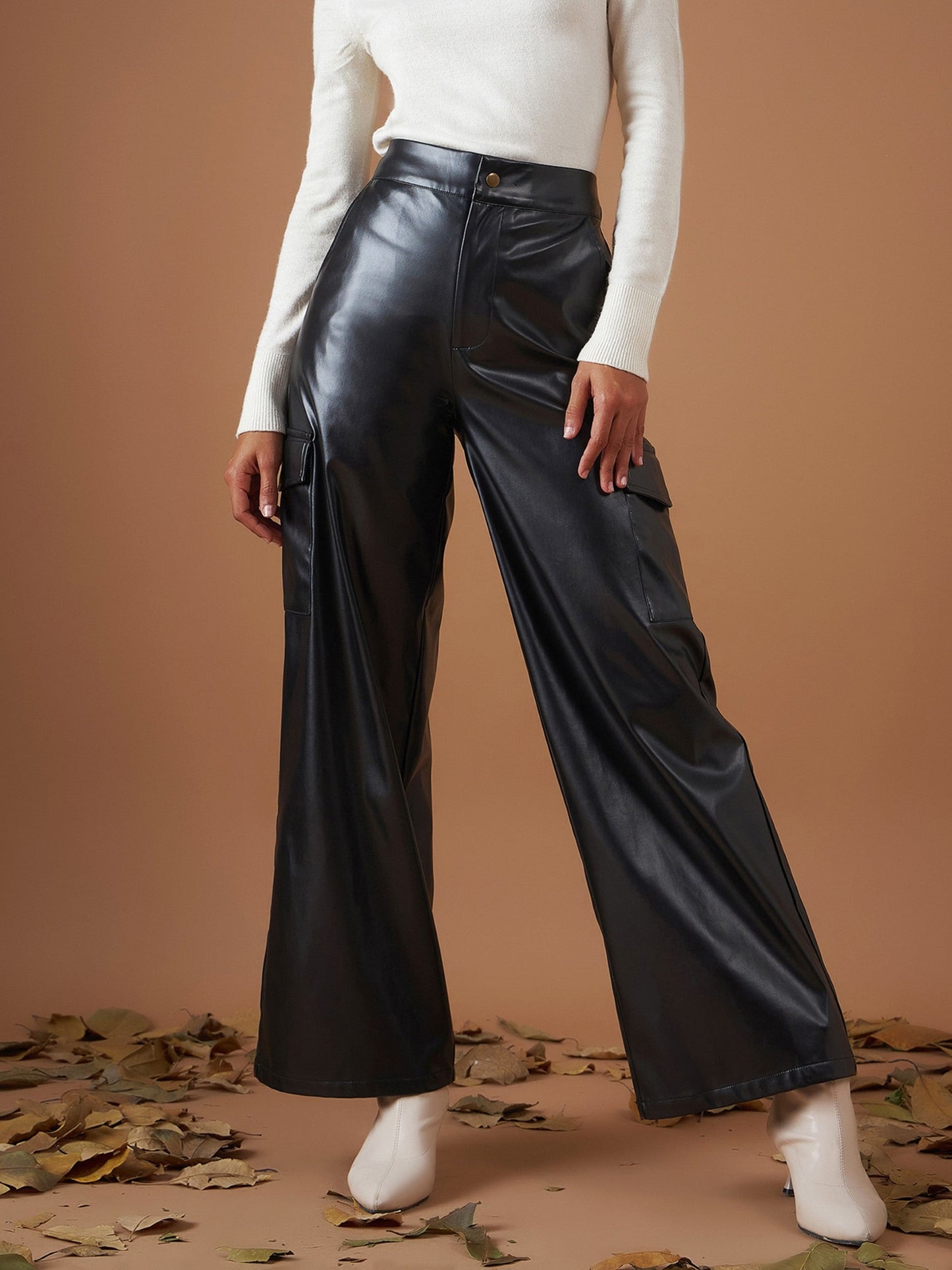 Black PU Flap Pocket Straight Pants