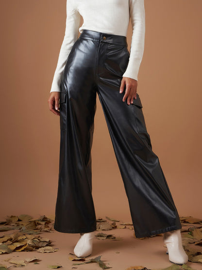 Black PU Flap Pocket Straight Pants