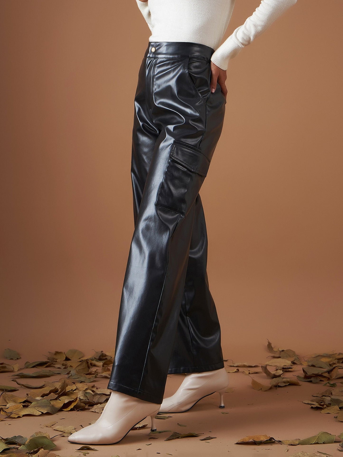 Black PU Flap Pocket Straight Pants