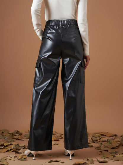 Black PU Flap Pocket Straight Pants