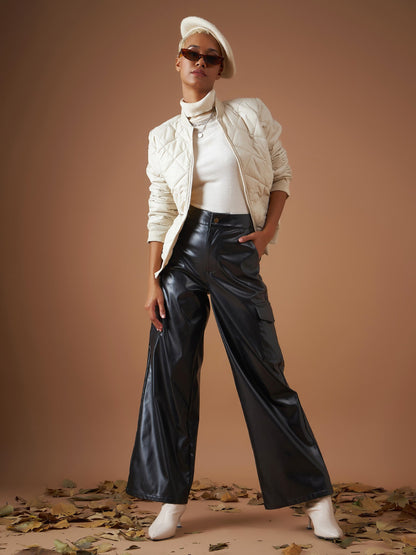 Black PU Flap Pocket Straight Pants