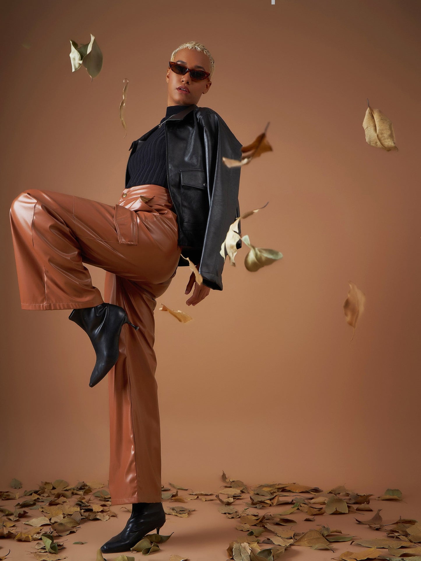 Women Brown PU Flap Pocket Straight Pants