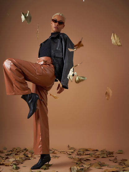 Women Brown PU Flap Pocket Straight Pants