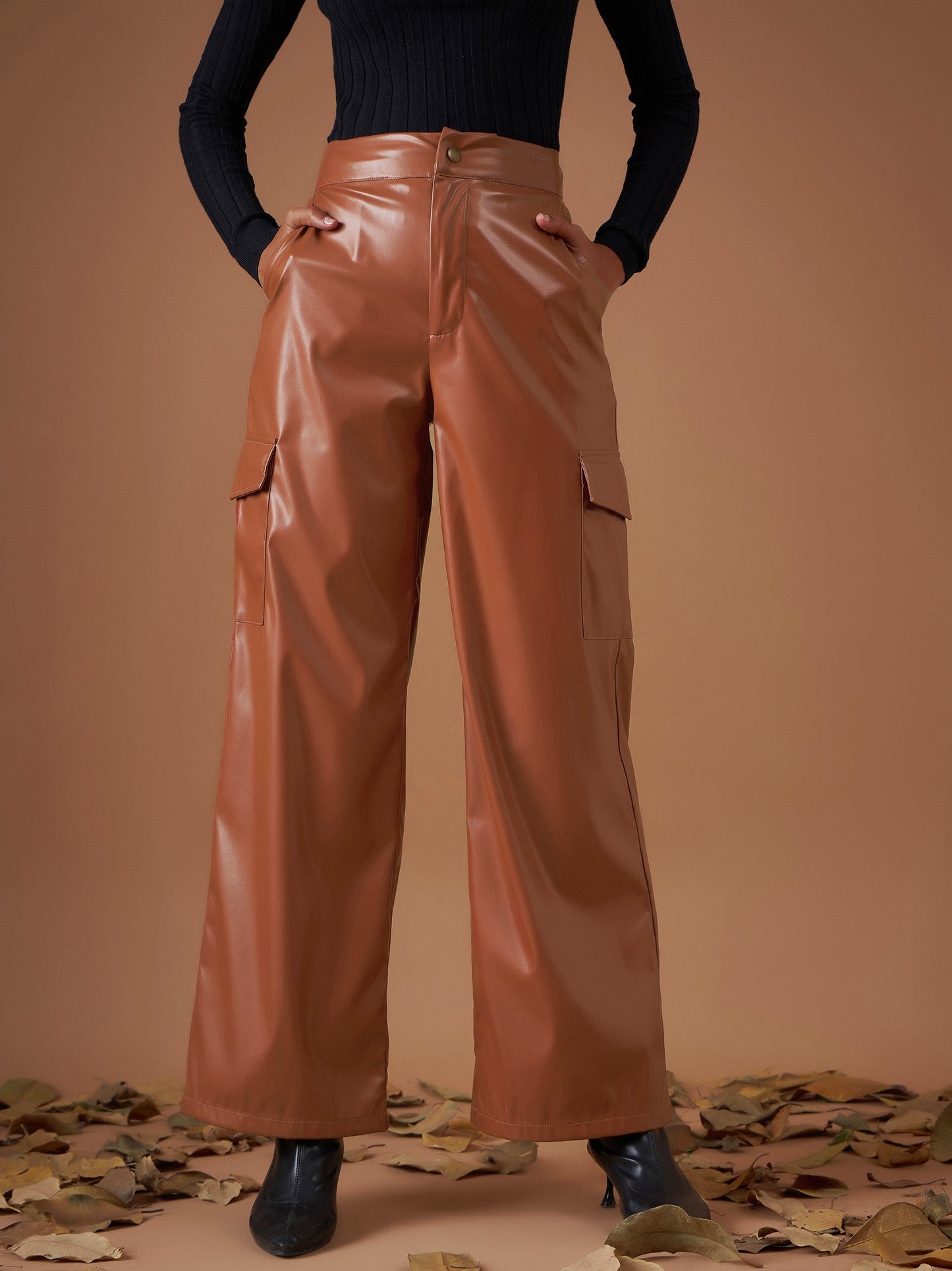 Women Brown PU Flap Pocket Straight Pants