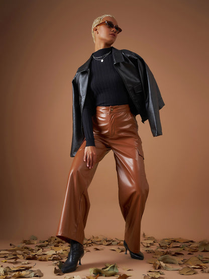 Women Brown PU Flap Pocket Straight Pants