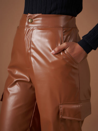 Women Brown PU Flap Pocket Straight Pants