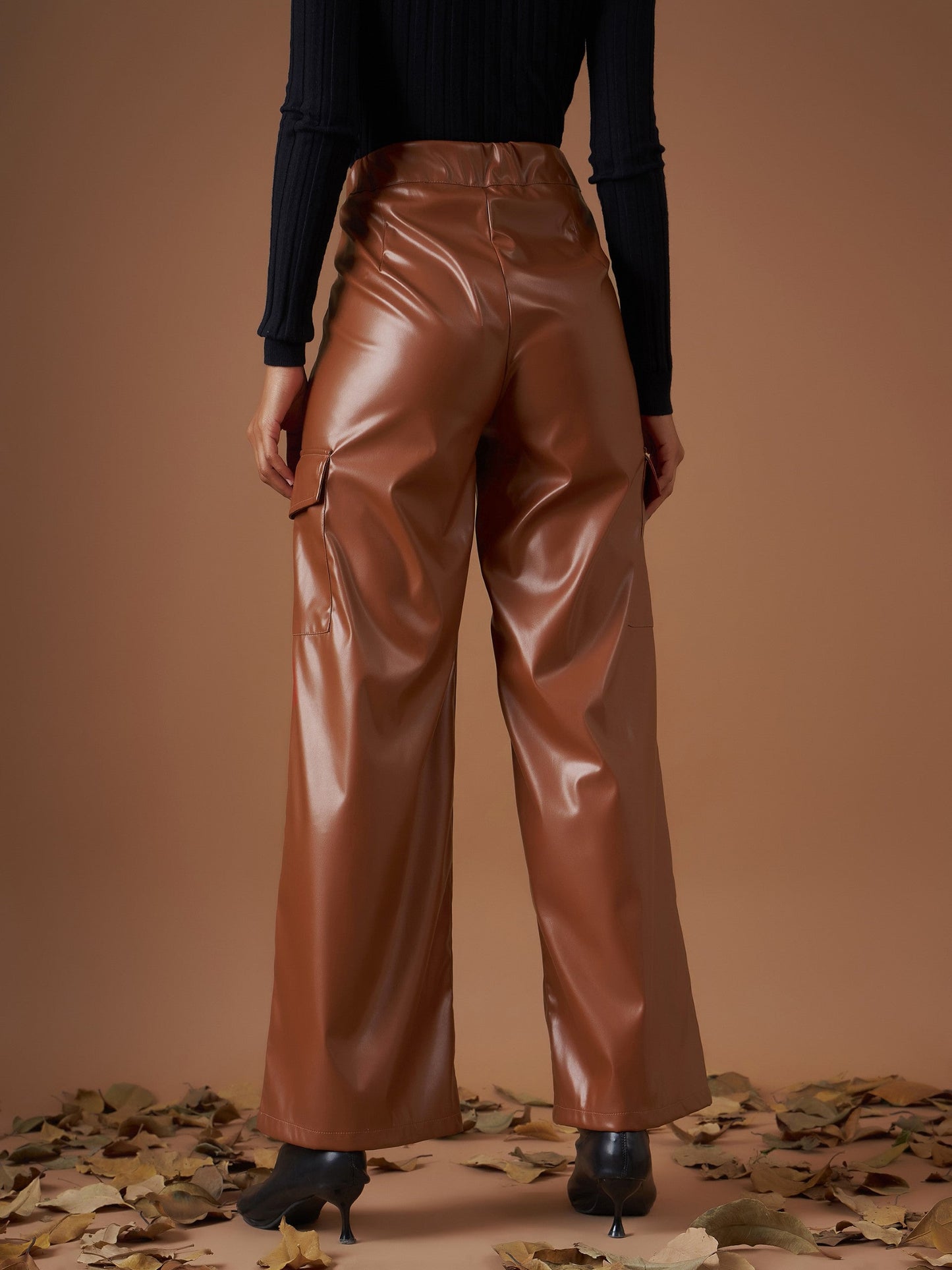 Women Brown PU Flap Pocket Straight Pants