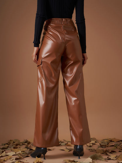 Women Brown PU Flap Pocket Straight Pants