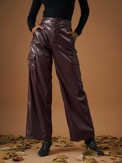 Maroon PU Flap Pocket Straight Pants