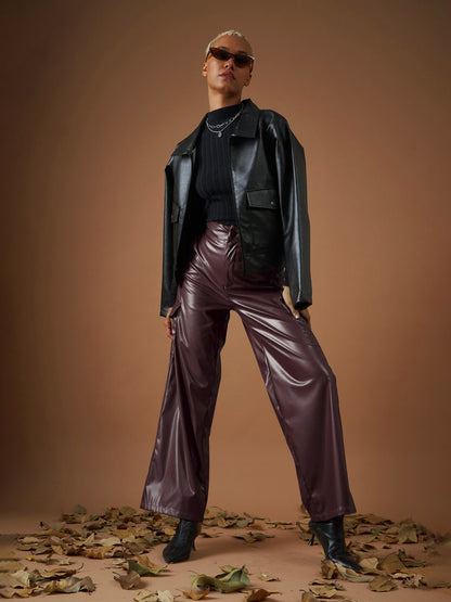 Maroon PU Flap Pocket Straight Pants