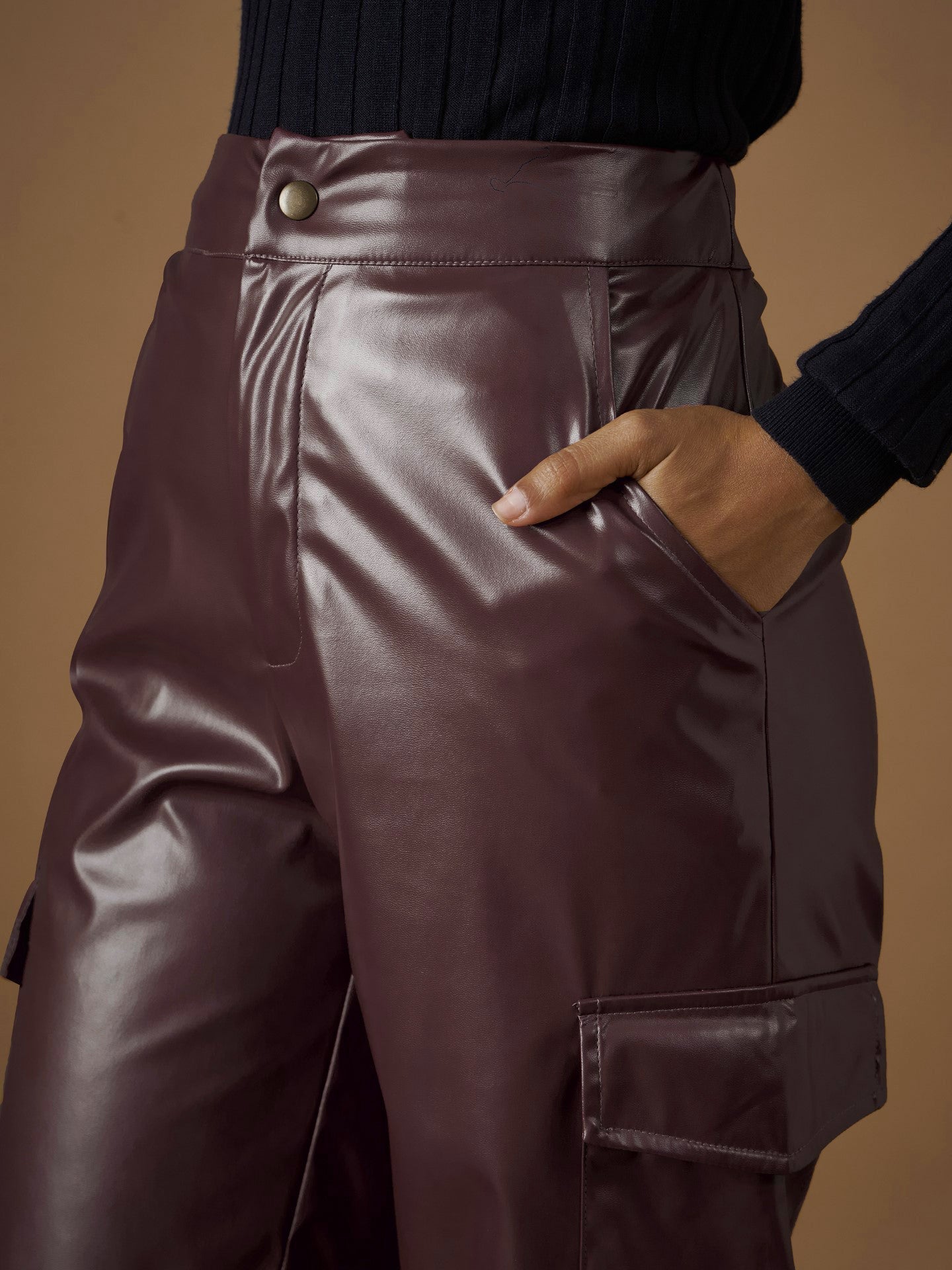 Maroon PU Flap Pocket Straight Pants