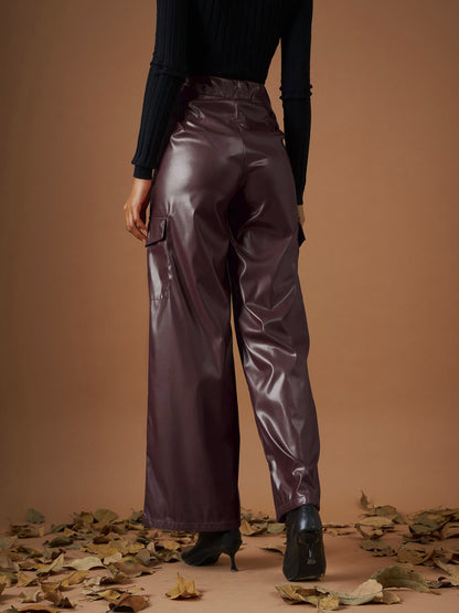 Maroon PU Flap Pocket Straight Pants