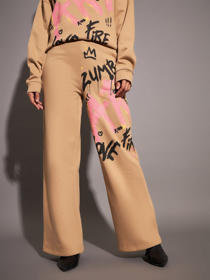 Beige Fleece ART Wide Leg Track Pants