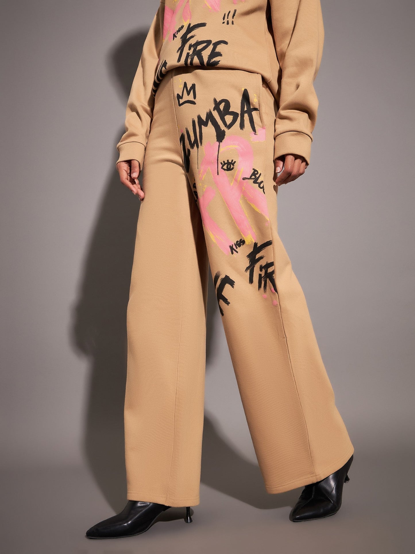 Beige Fleece ART Wide Leg Track Pants