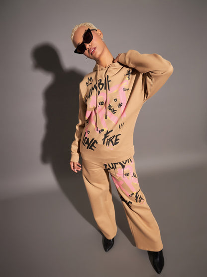 Beige Fleece ART Wide Leg Track Pants