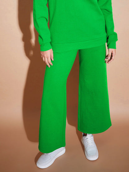 Green Fleece Wide Leg Track Pants