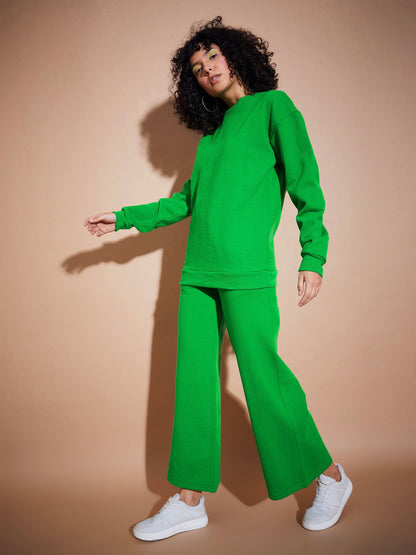 Green Fleece Wide Leg Track Pants