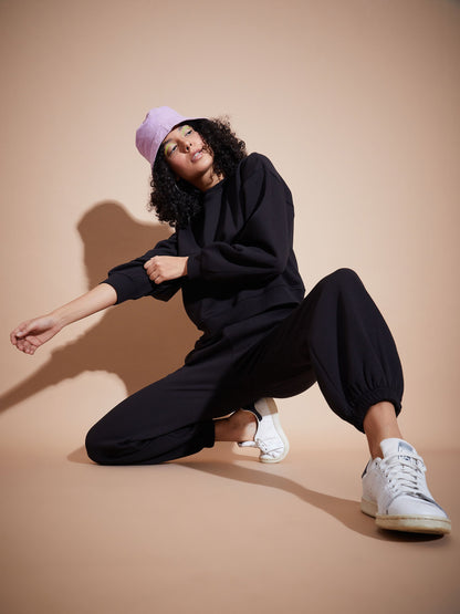 Women Black Premium Fleece Baggy Joggers