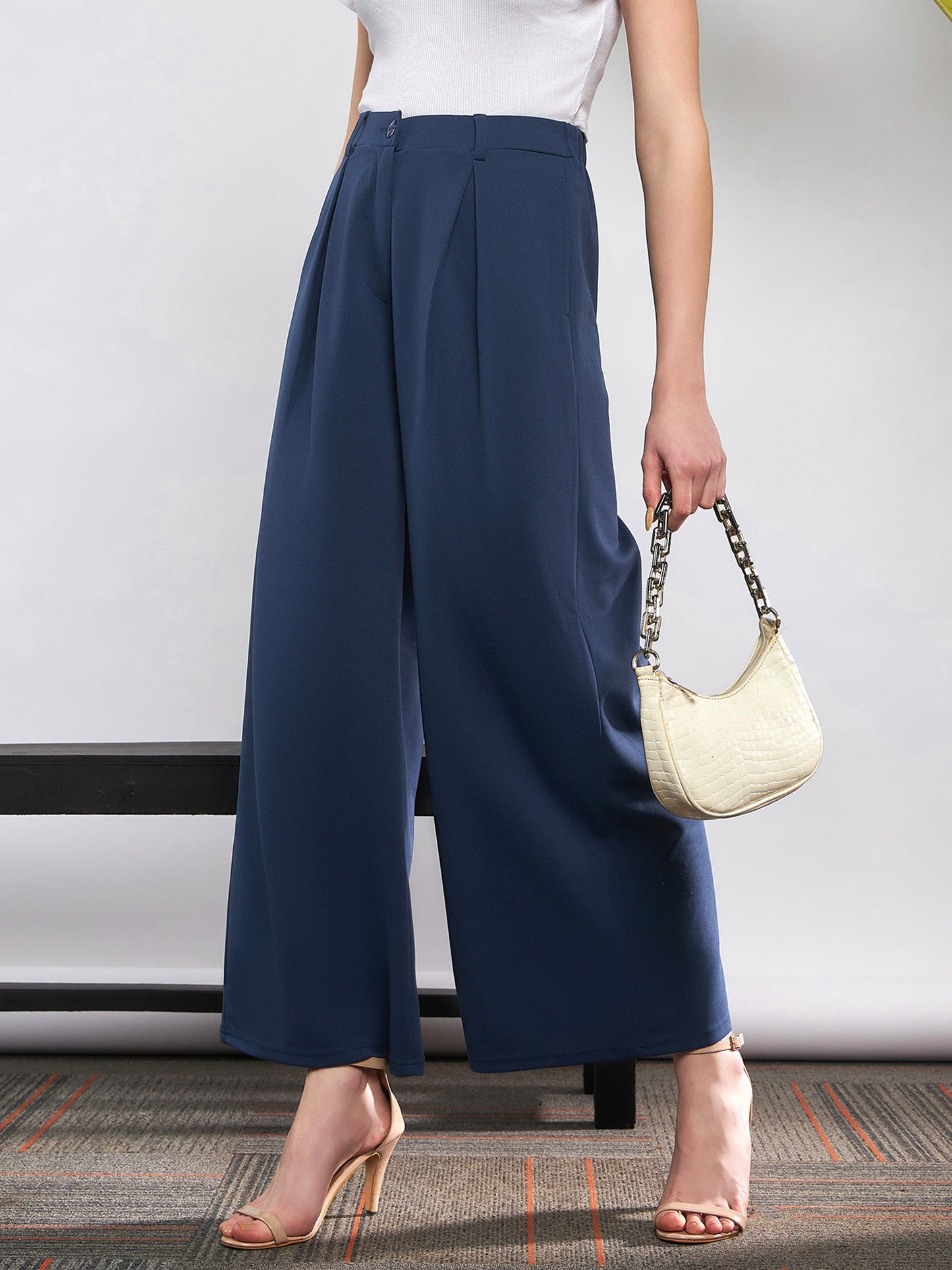 Women Blue Front Pleated Loose Fit Korean Pants