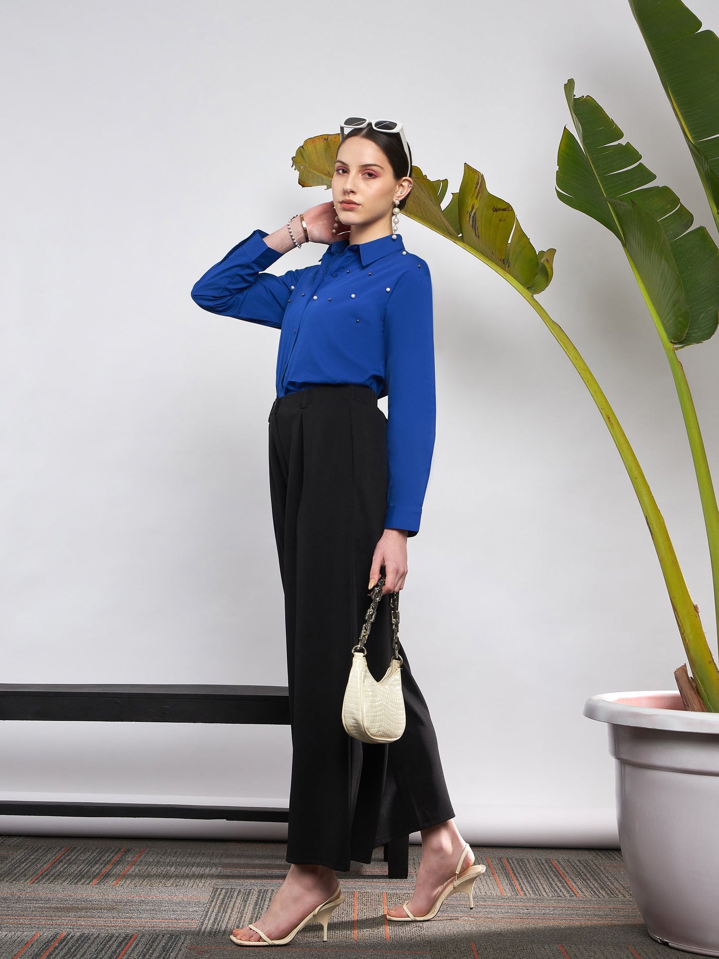 Women Black Front Pleated Loose Fit Korean Pants