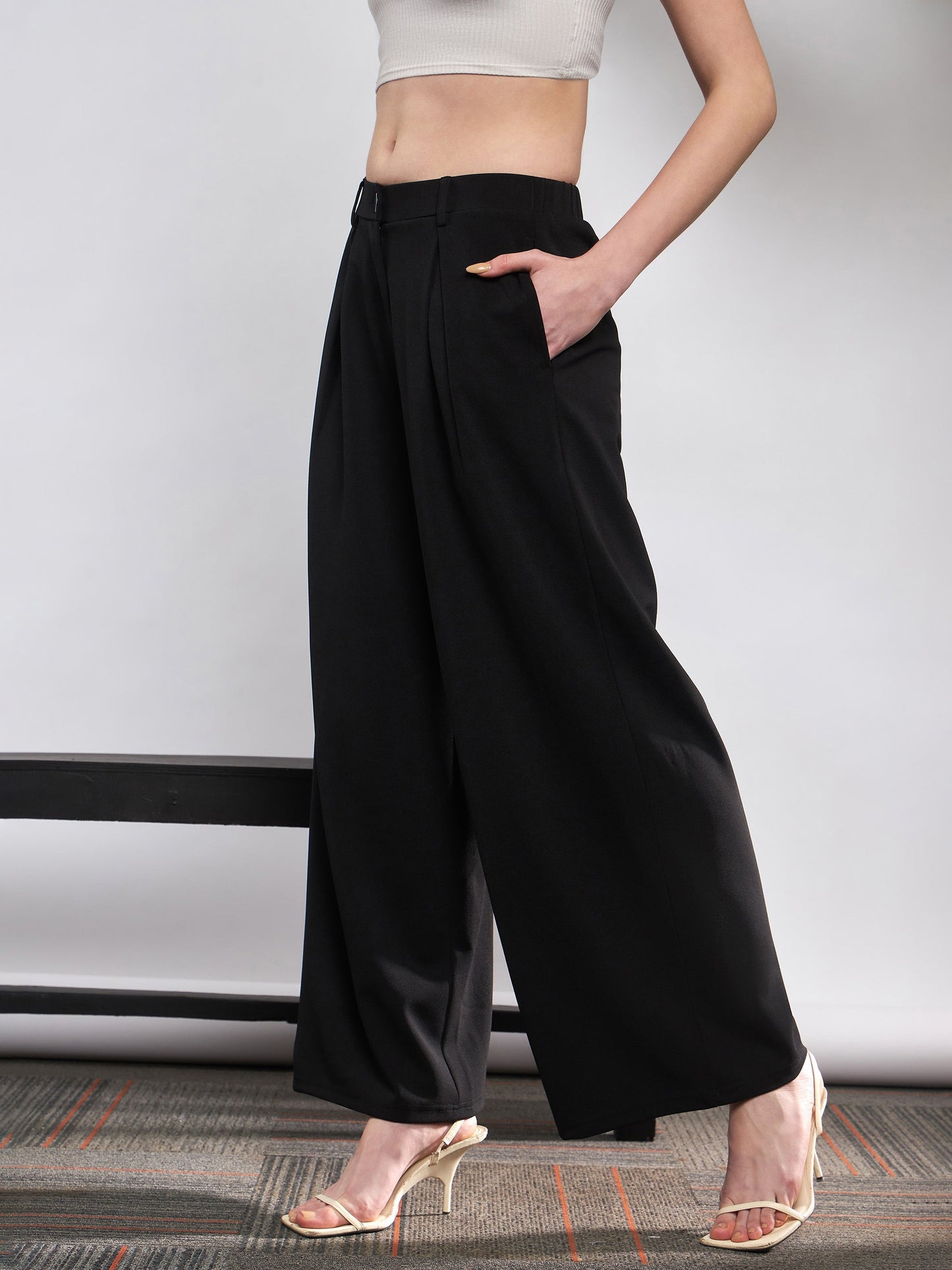 Women Black Front Pleated Loose Fit Korean Pants
