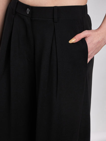 Women Black Front Pleated Loose Fit Korean Pants