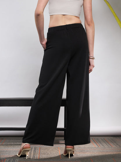 Women Black Front Pleated Loose Fit Korean Pants